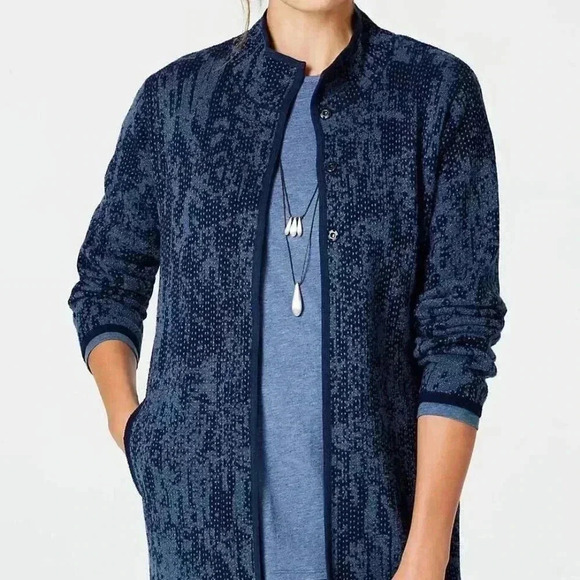 Pure J. Jill Cardigan Blue Intarsia Jacquard Knit Snap Button Long - Picture 1 of 9